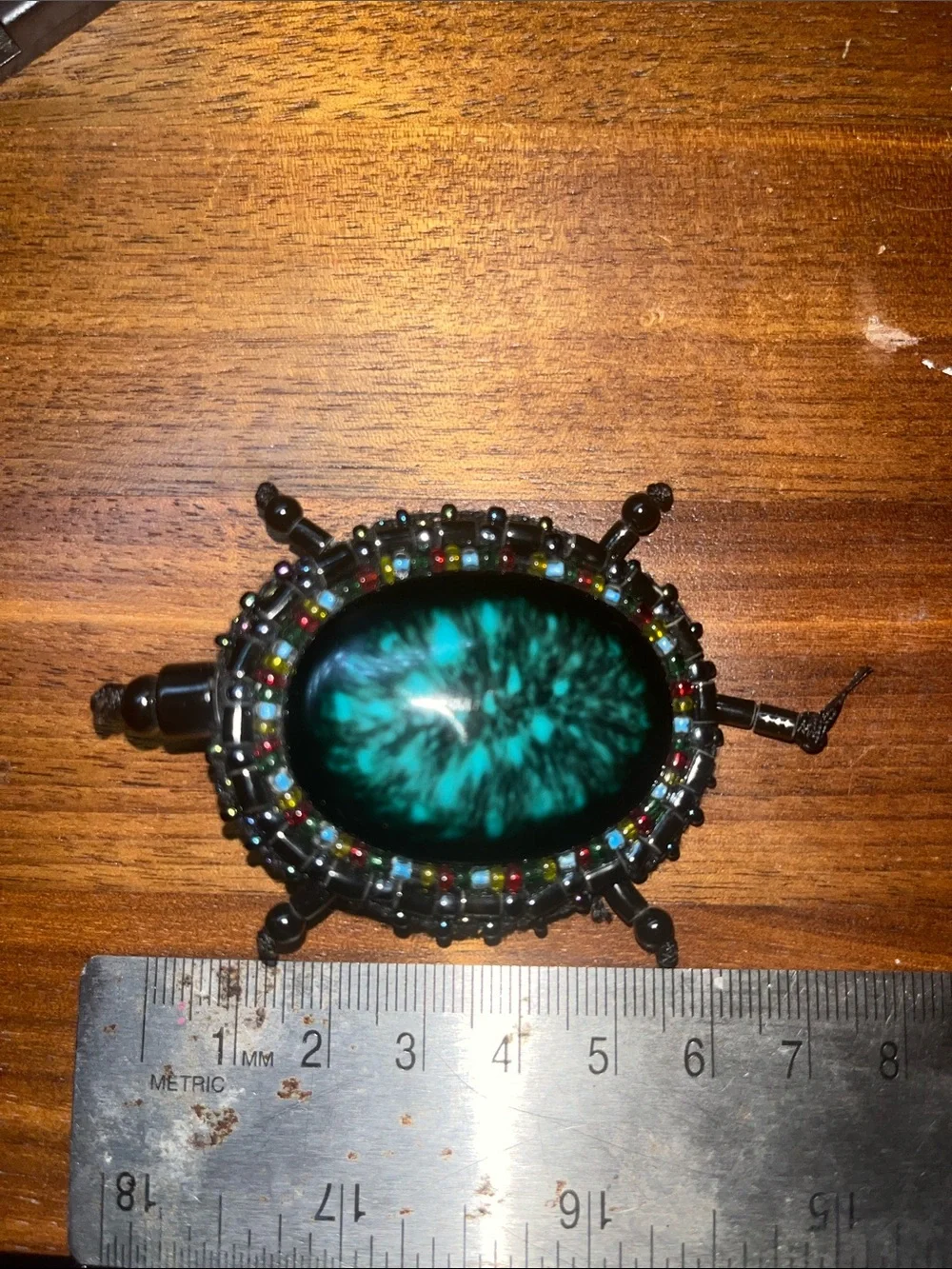 Handmade Teal Cabochon Turtle Beaded Brooch with Rainbow & Black Accents NEW